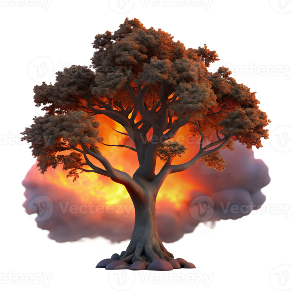 serene rustic A lone, gnarled oak tree silhouetted against a fiery sunset sky, dramatic lighting, dark fantasy, digital painting high quality png