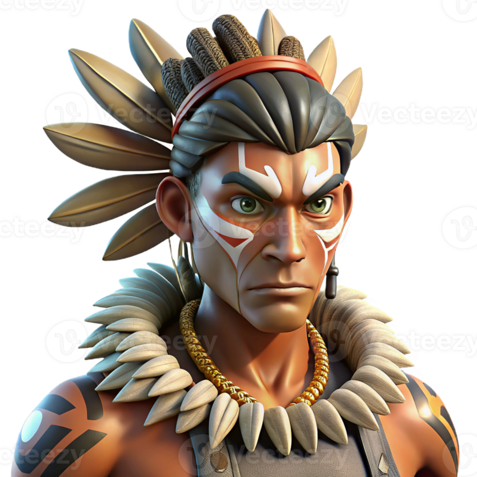 beautiful artistic A powerful portrait of a tribal warrior with intricate face paint and feathers, a determined expression. Dramatic backlighting, realistic style original png