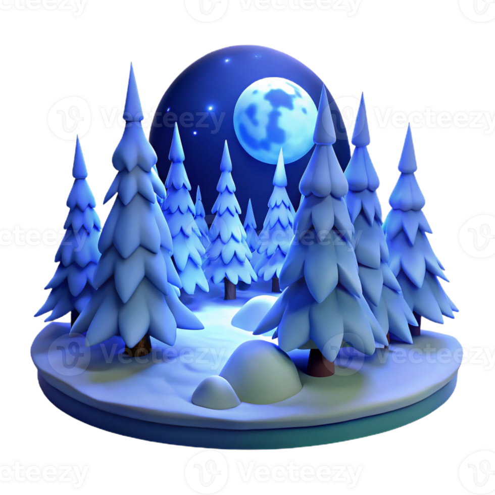stunning traditional A snow-covered pine forest at night, illuminated by the full moon, cool blue light, romantic, digital painting professional png