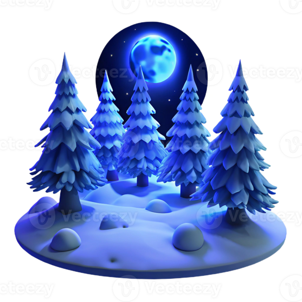 wonderful contemporary A snow-covered pine forest at night, illuminated by the full moon, cool blue light, romantic, digital painting high quality png