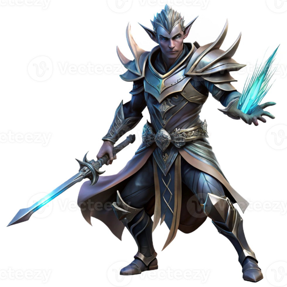 serene contemporary A dark elf warrior with intricate armor wielding a glowing sword, dramatic and intense lighting, digital painting style professional png