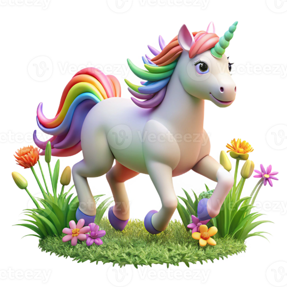 stunning abstract A majestic unicorn with a rainbow mane galloping across a field of wildflowers, bright and cheerful lighting, fantasy art style detailed png