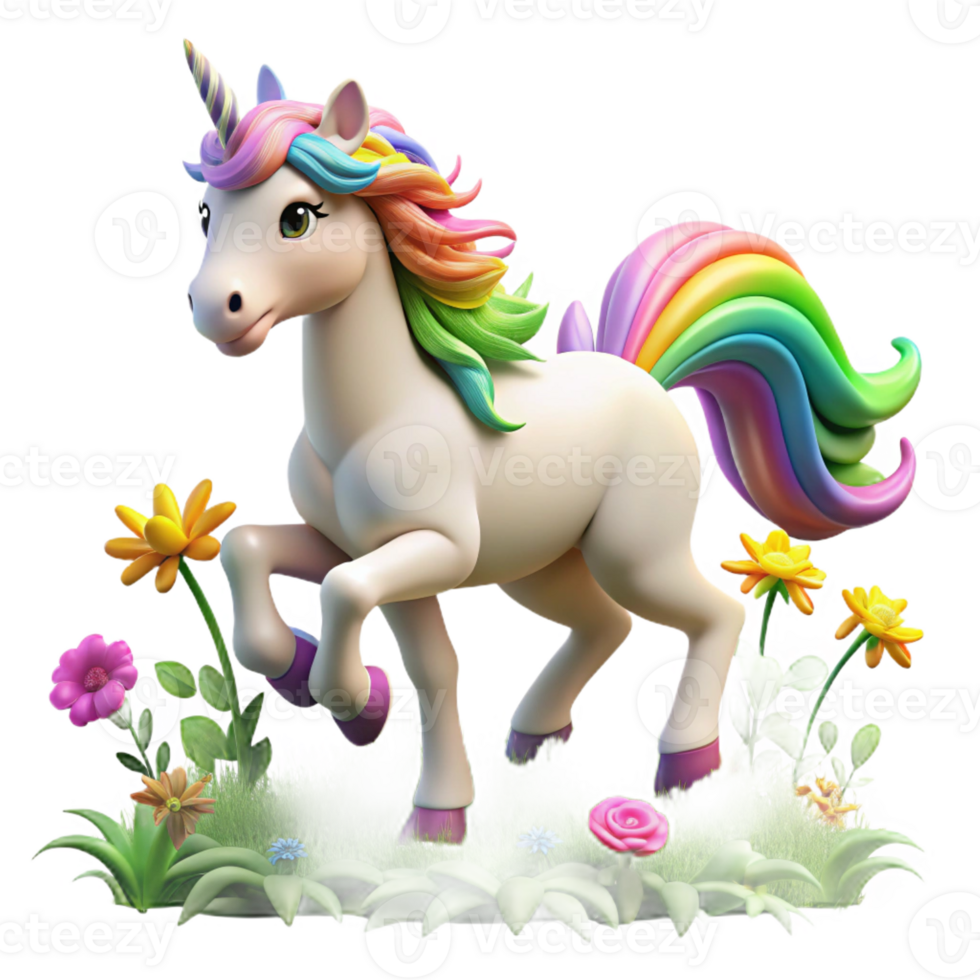 extraordinary vintage A majestic unicorn with a rainbow mane galloping across a field of wildflowers, bright and cheerful lighting, fantasy art style high quality png