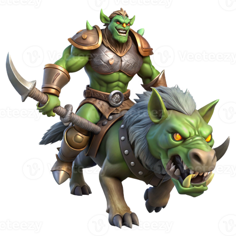 wonderful modern A fierce orc chieftain riding a warg into battle, dynamic and action-packed lighting, realistic style high quality png