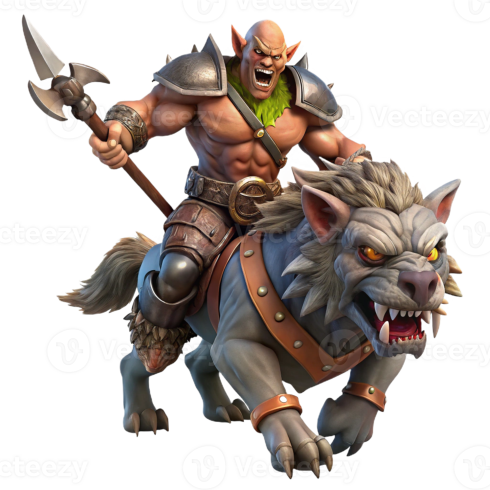 beautiful abstract A fierce orc chieftain riding a warg into battle, dynamic and action-packed lighting, realistic style authentic png