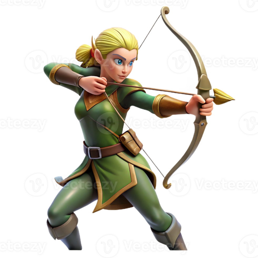 vibrant minimalist A graceful elf archer aiming her bow at a distant target, focused and determined lighting, digital art style high quality png