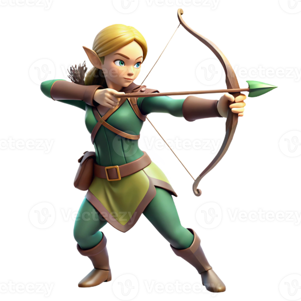 stunning traditional A graceful elf archer aiming her bow at a distant target, focused and determined lighting, digital art style high quality png