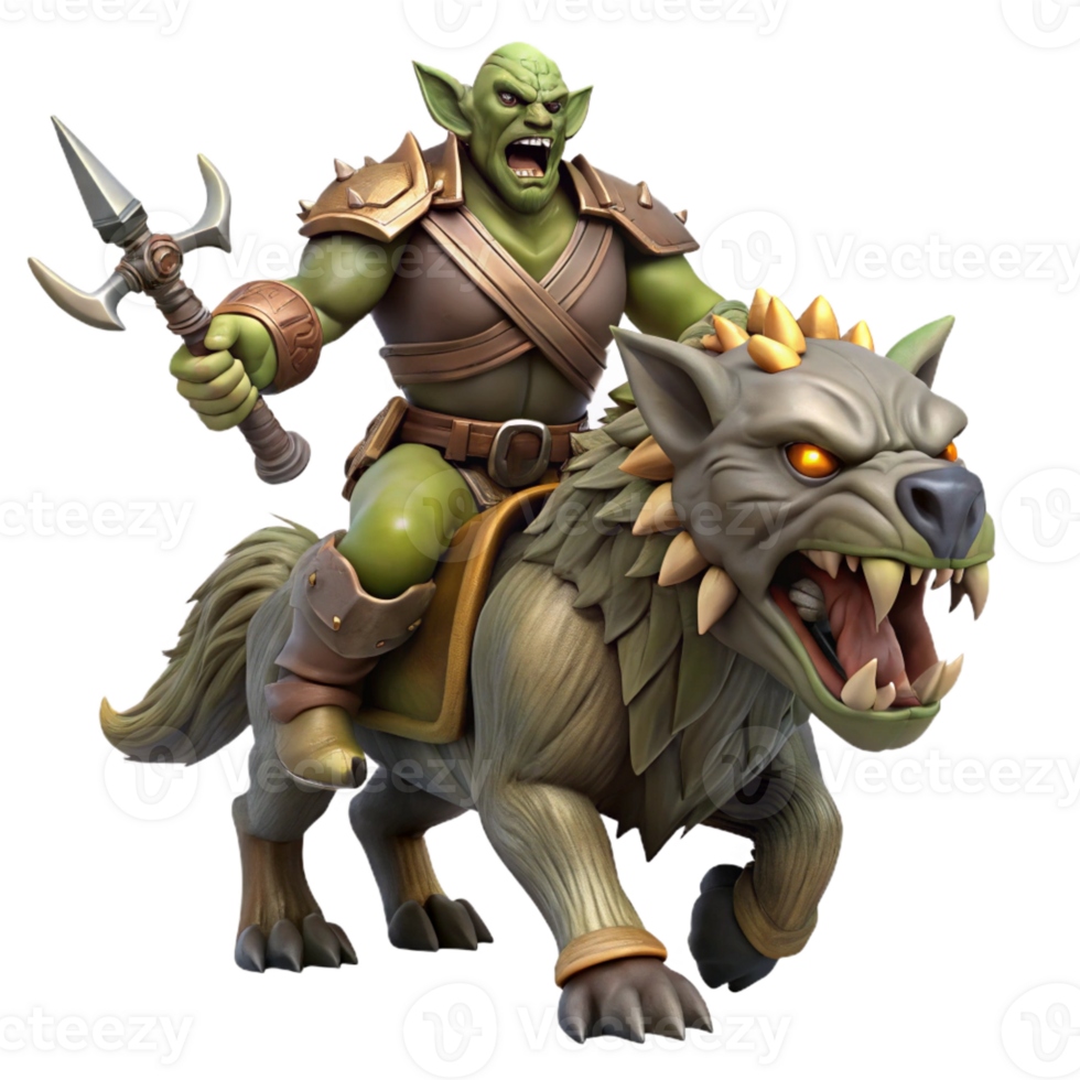vibrant abstract A fierce orc chieftain riding a warg into battle, dynamic and action-packed lighting, realistic style authentic png