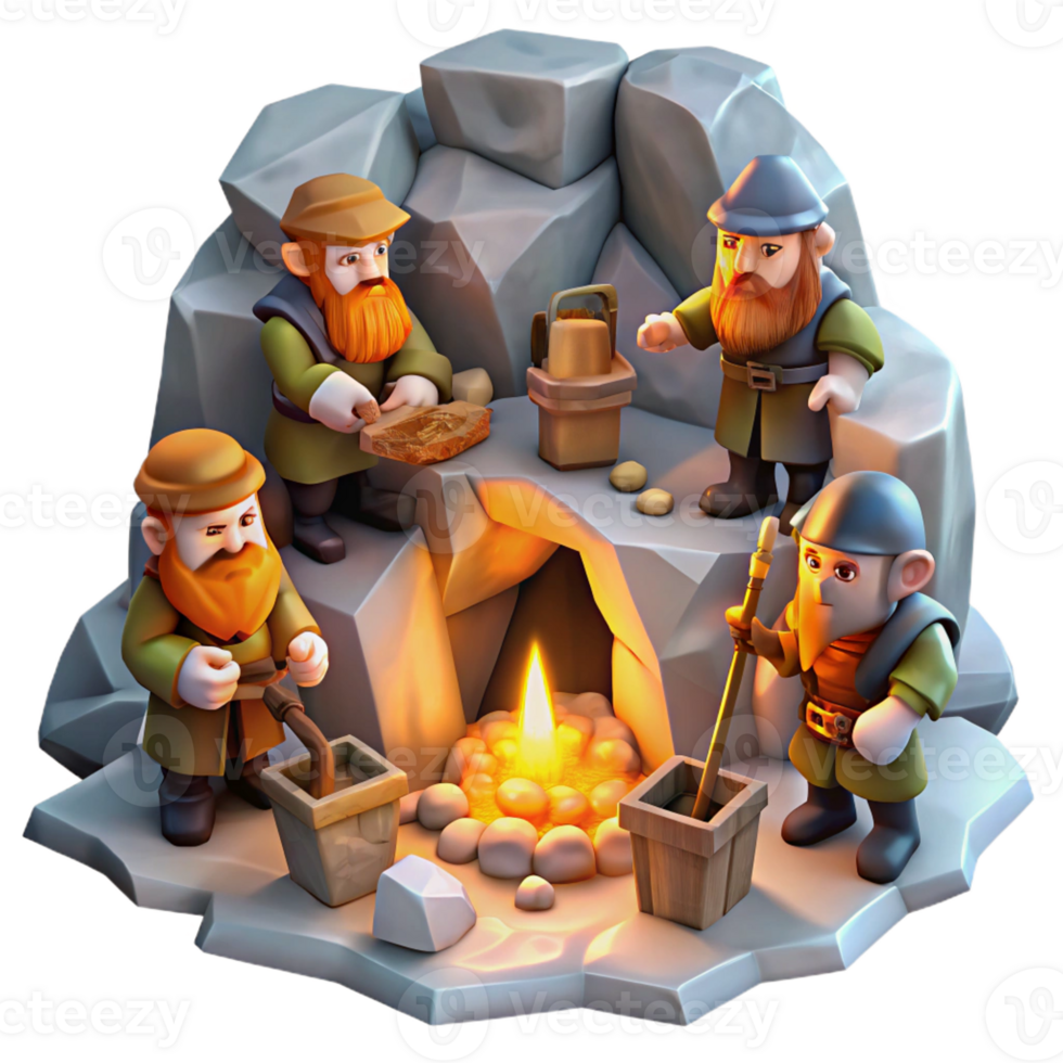 dramatic vintage A group of dwarves mining for gems in a mountain cave, warm and inviting lighting, fantasy art style premium png