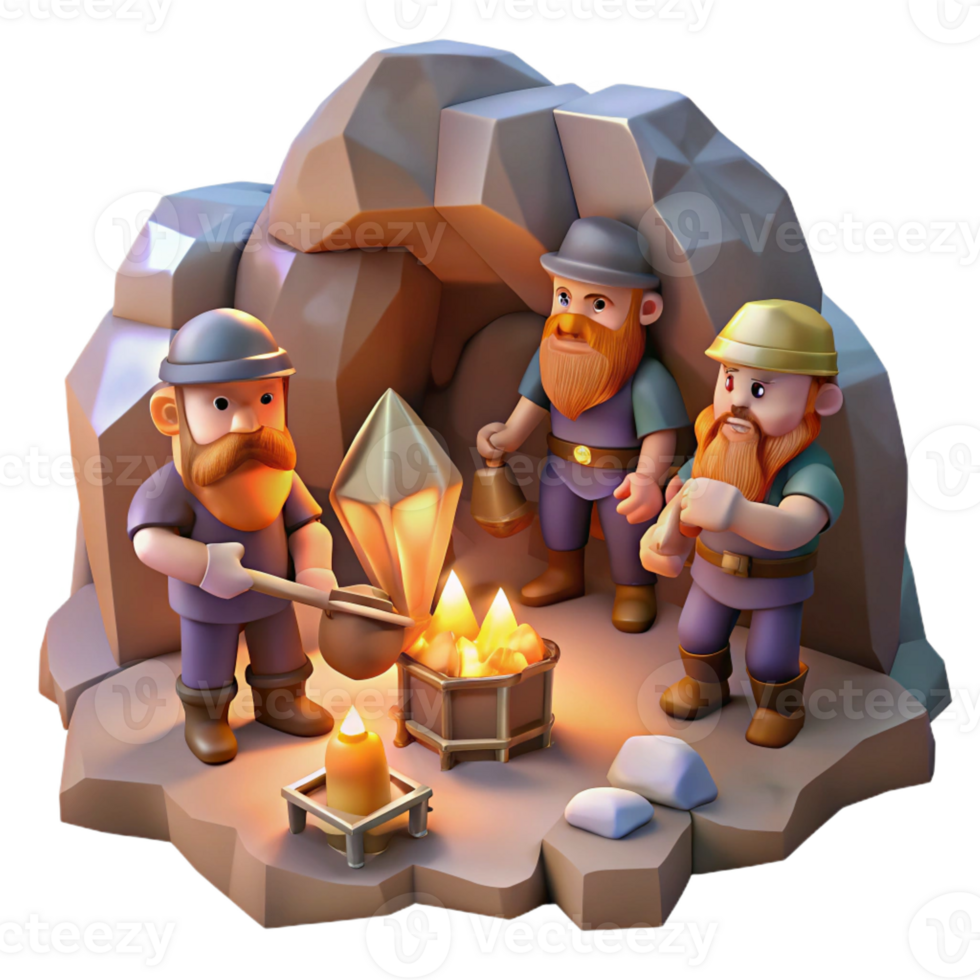 beautiful contemporary A group of dwarves mining for gems in a mountain cave, warm and inviting lighting, fantasy art style original png