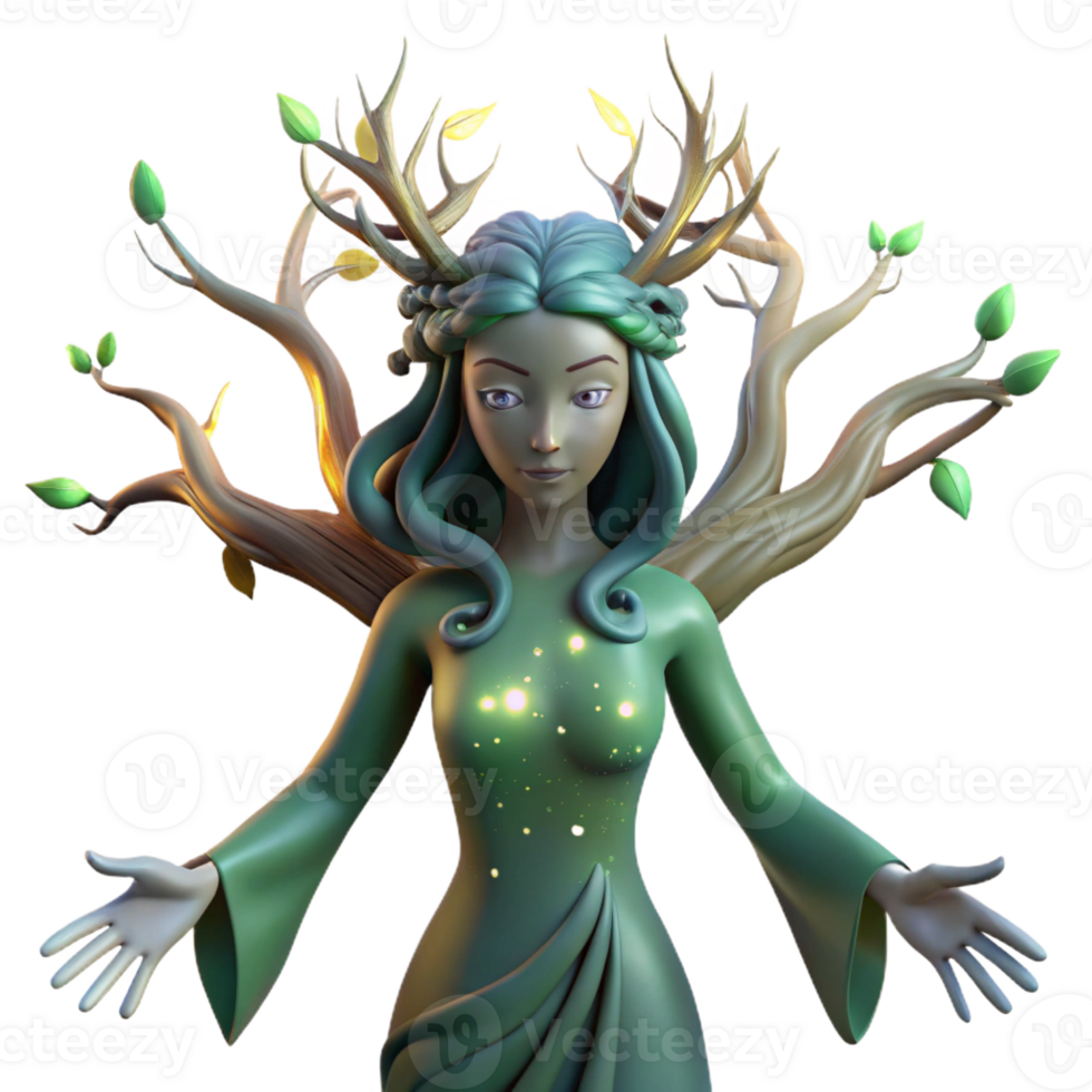 extraordinary rustic A serene dryad merging with a tree, ethereal and peaceful lighting, digital art style original png