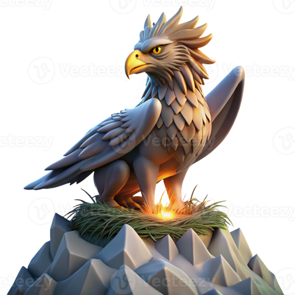 impressive minimalist A majestic griffin protecting its nest atop a mountain peak, dramatic and imposing lighting, realistic style professional png