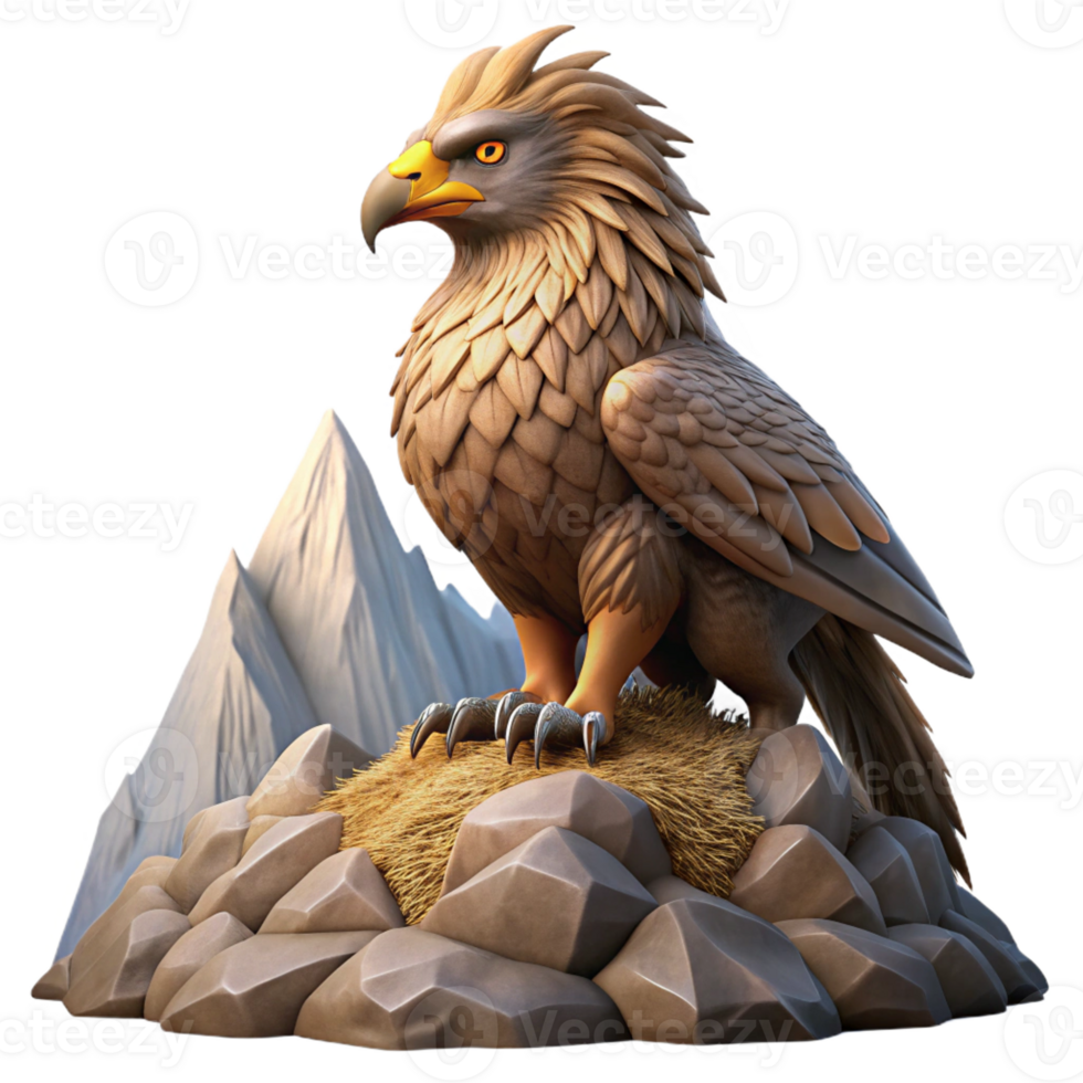 beautiful traditional A majestic griffin protecting its nest atop a mountain peak, dramatic and imposing lighting, realistic style exclusive png