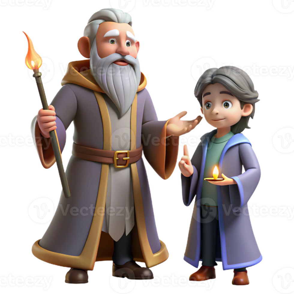 wonderful minimalist A wise old wizard teaching a young apprentice, warm and inviting lighting, fantasy art style premium png