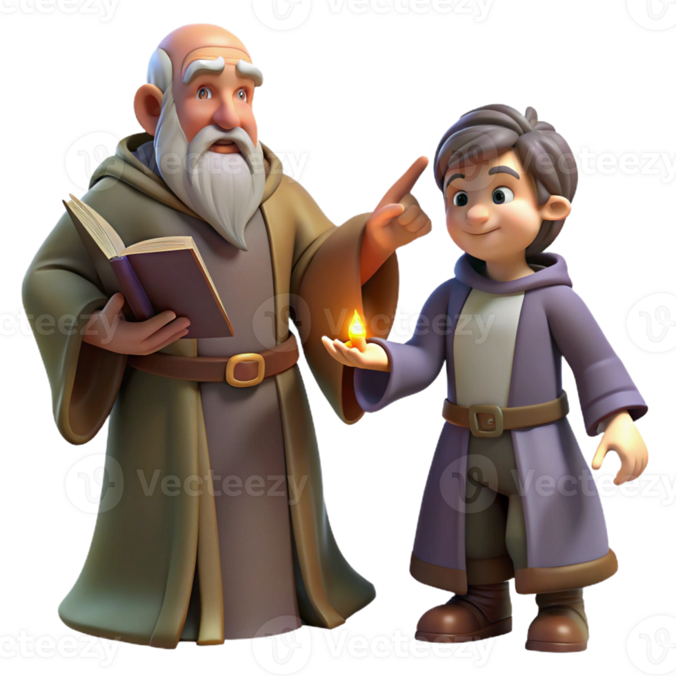 elegant creative A wise old wizard teaching a young apprentice, warm and inviting lighting, fantasy art style detailed png