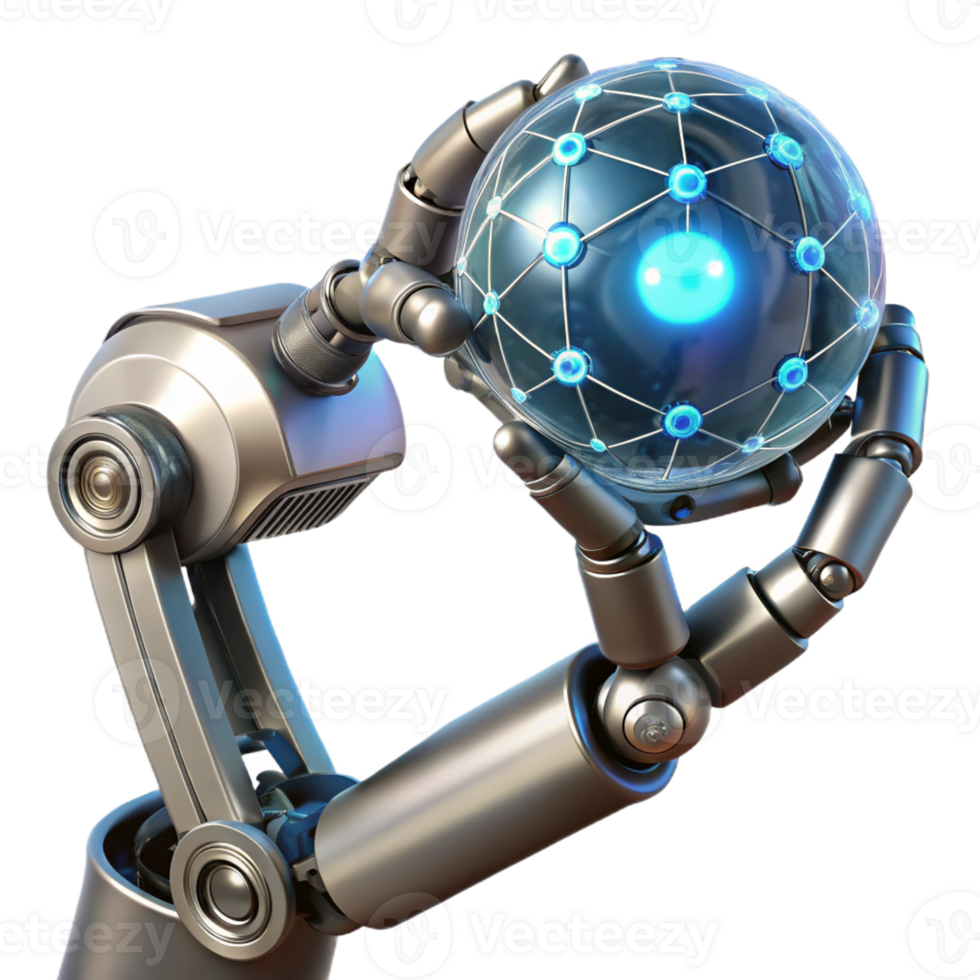 dramatic vintage A chrome robotic arm delicately holding a glowing orb of data, intricate wires exposed, studio lighting, cyberpunk style authentic png