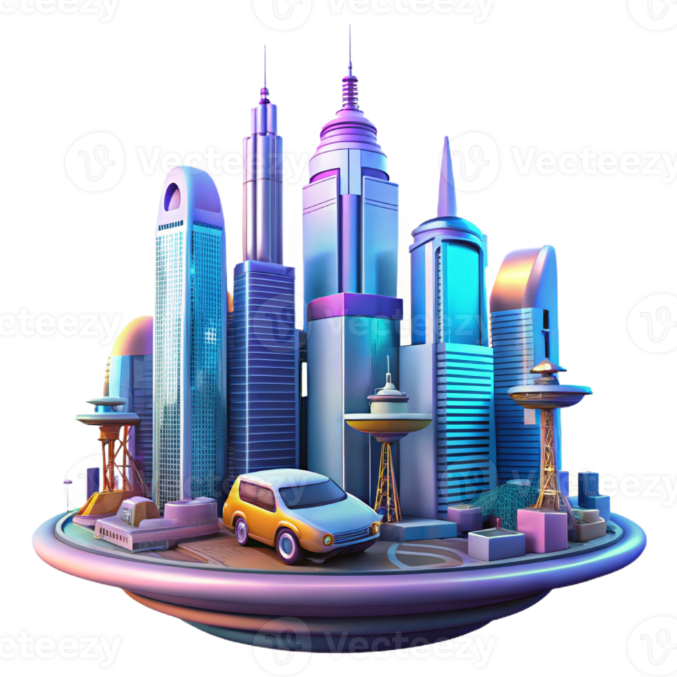 serene modern A futuristic city skyline with flying cars and towering skyscrapers, vibrant and dynamic lighting, science fiction style premium png