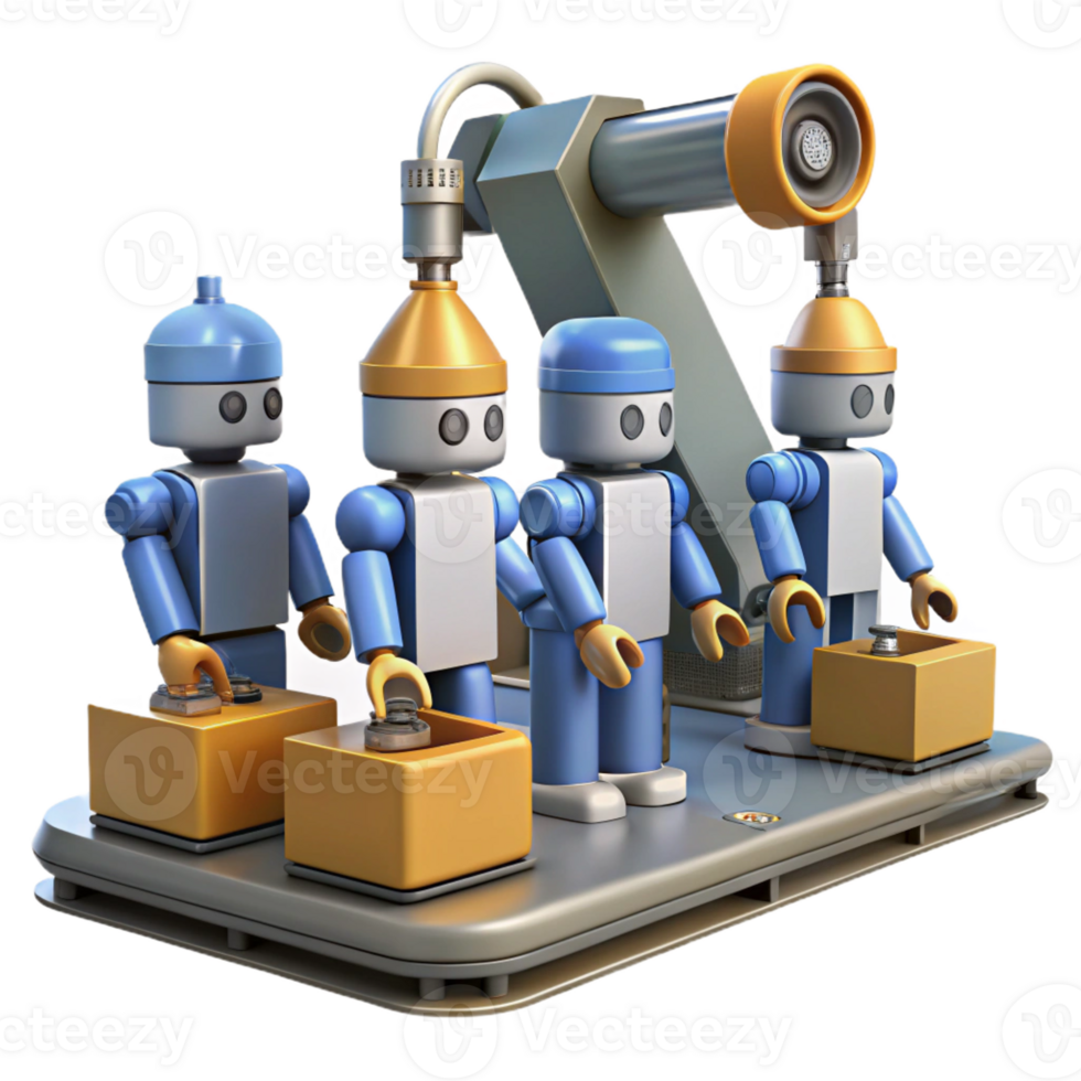 wonderful traditional A group of robots working in a factory, industrial lighting, realistic style high resolution png