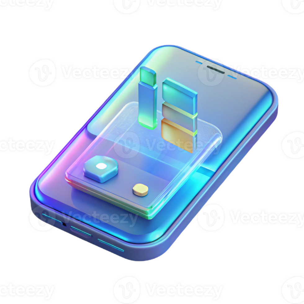 elegant minimalist A transparent smartphone displaying holographic information, soft blue lighting, futuristic and minimalist style original png
