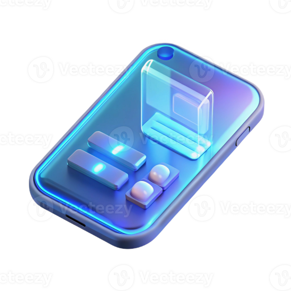 serene artistic A transparent smartphone displaying holographic information, soft blue lighting, futuristic and minimalist style exclusive png