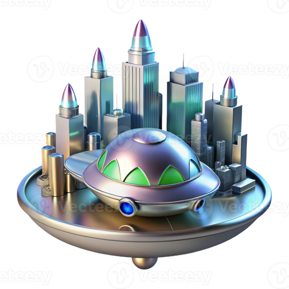 magnificent abstract A sleek, silver spaceship landing on a futuristic city, vibrant and dynamic lighting, space opera style authentic png