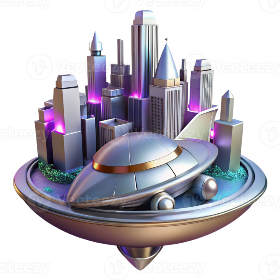 elegant artistic A sleek, silver spaceship landing on a futuristic city, vibrant and dynamic lighting, space opera style detailed png