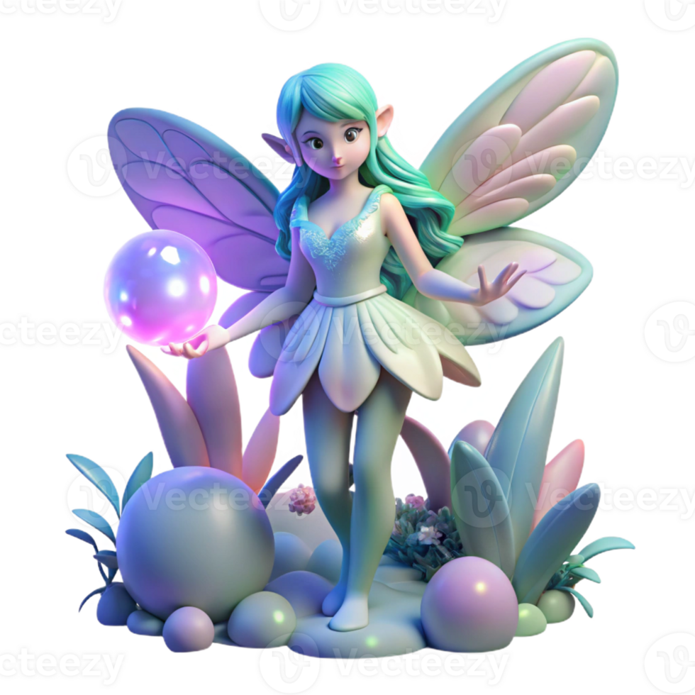 beautiful traditional A whimsical fairy with iridescent wings, holding a glowing orb, surrounded by bioluminescent flora, in a dreamlike, pastel art style genuine png