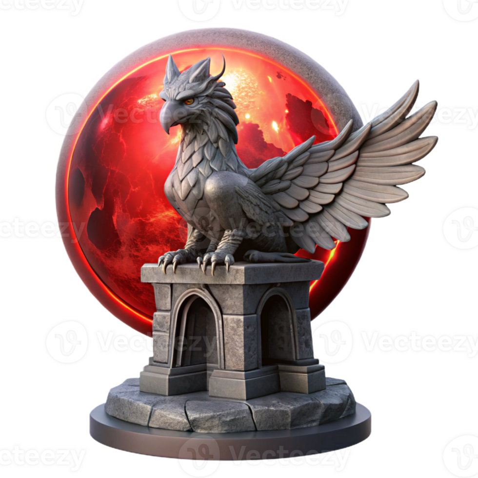 impressive classic A majestic griffin perched atop a crumbling obsidian tower, illuminated by a blood-red moon, in a hyperrealistic style 4K png