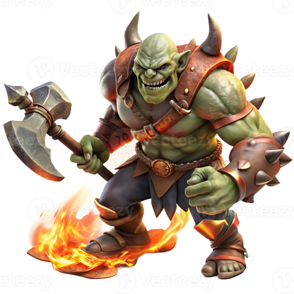stunning vintage A fierce orc warrior wielding a flaming axe, charging through a storm of swirling embers, in a gritty, dark fantasy style 4K png
