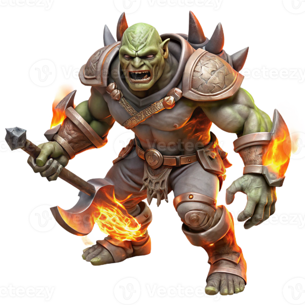 beautiful creative A fierce orc warrior wielding a flaming axe, charging through a storm of swirling embers, in a gritty, dark fantasy style high quality png