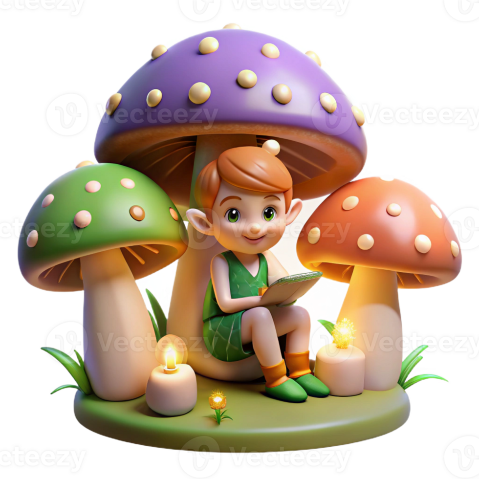 beautiful rustic A mischievous pixie hiding amongst giant mushrooms, lit by fireflies, in a vibrant, storybook style authentic png