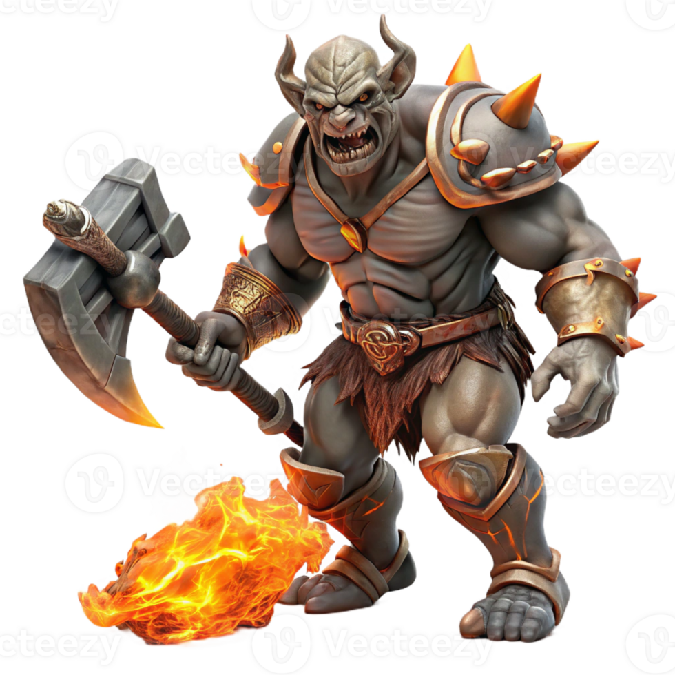 beautiful vintage A fierce orc warrior wielding a flaming axe, charging through a storm of swirling embers, in a gritty, dark fantasy style authentic png