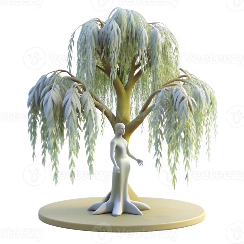 dramatic abstract A serene dryad emerging from a giant willow tree, dappled with sunlight, in a soft, ethereal style detailed png