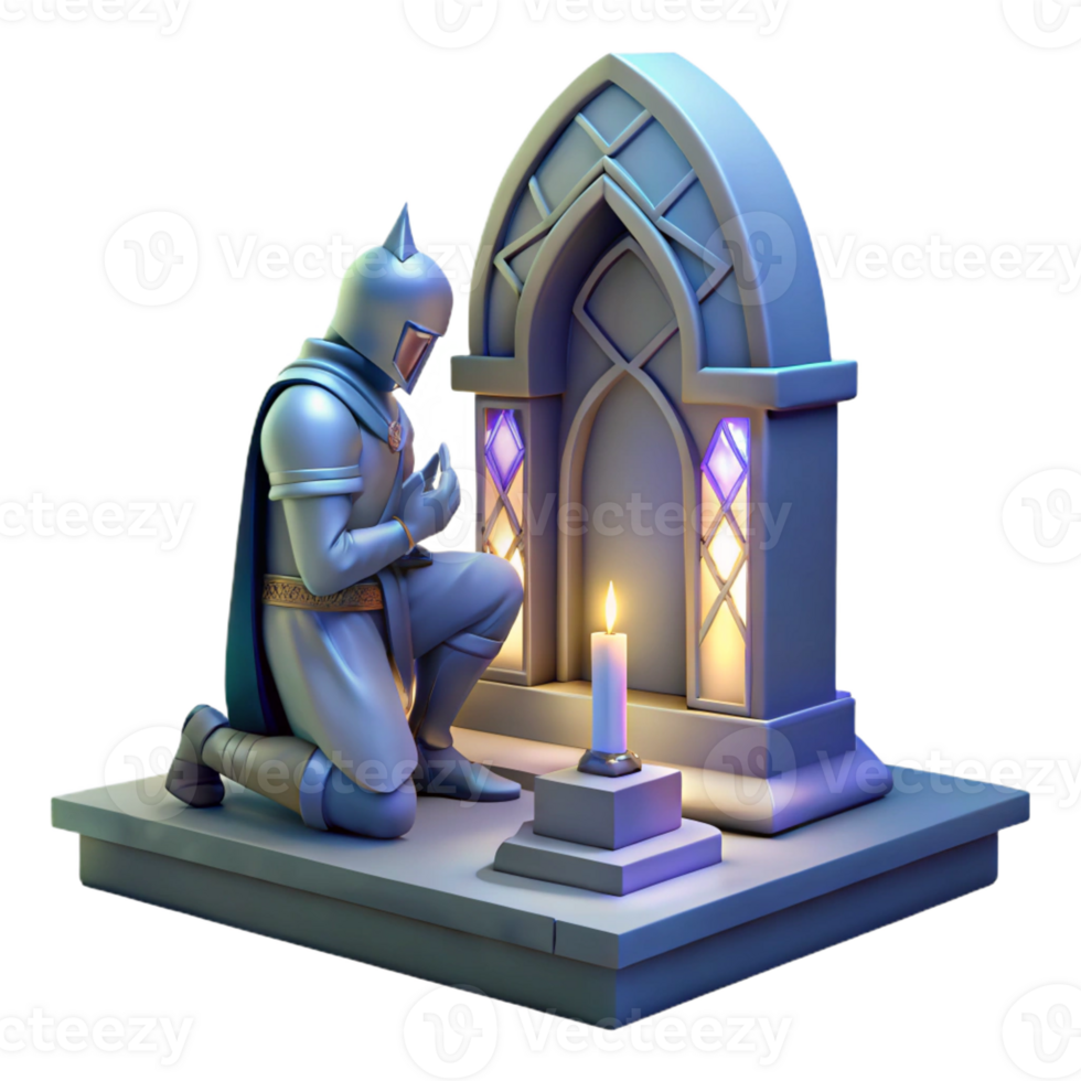 elegant artistic A lone knight kneeling before a mystical altar, bathed in the soft glow of celestial light, in a stained glass art style genuine png