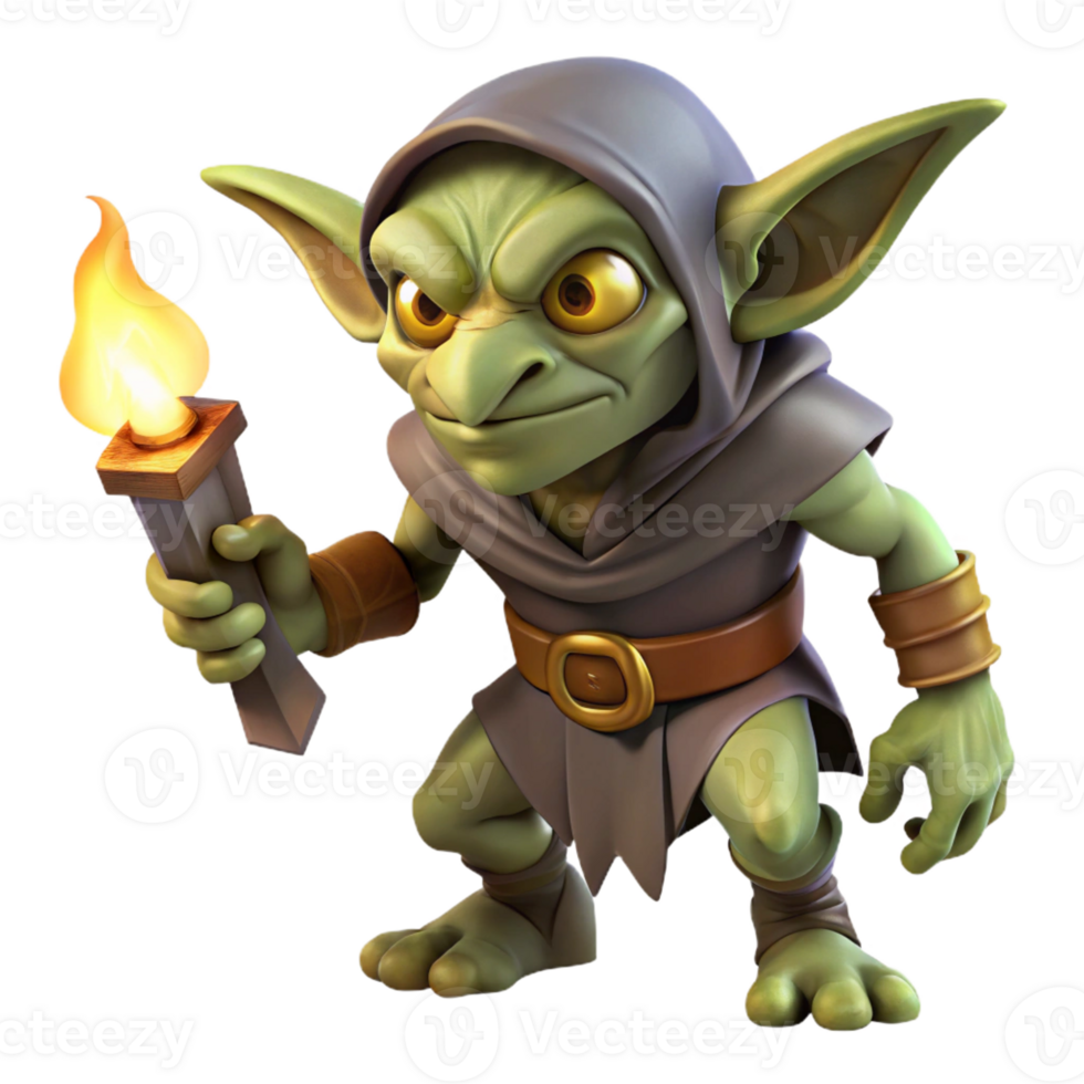 dramatic modern A cunning goblin rogue lurking in the shadows, illuminated by a flickering torch, in a gritty, realistic style high quality png