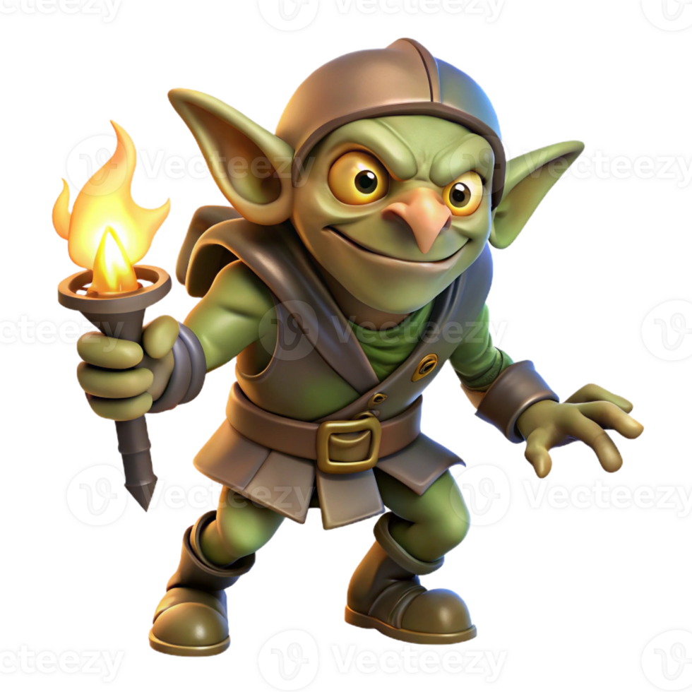 vibrant minimalist A cunning goblin rogue lurking in the shadows, illuminated by a flickering torch, in a gritty, realistic style genuine png