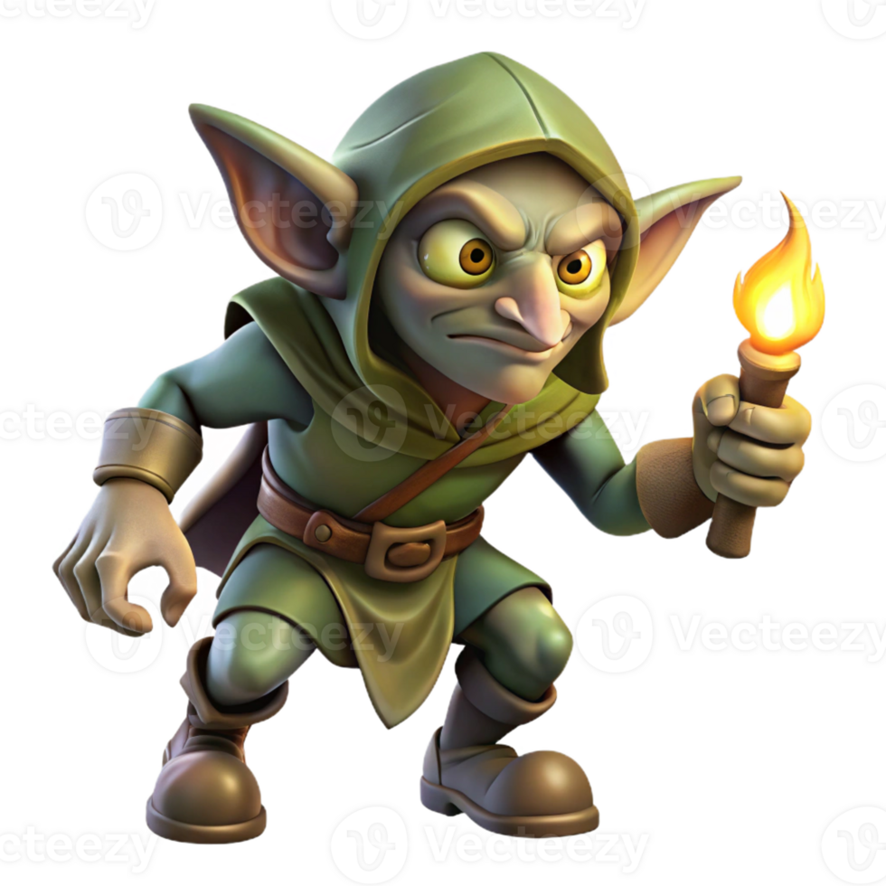 wonderful modern A cunning goblin rogue lurking in the shadows, illuminated by a flickering torch, in a gritty, realistic style premium png