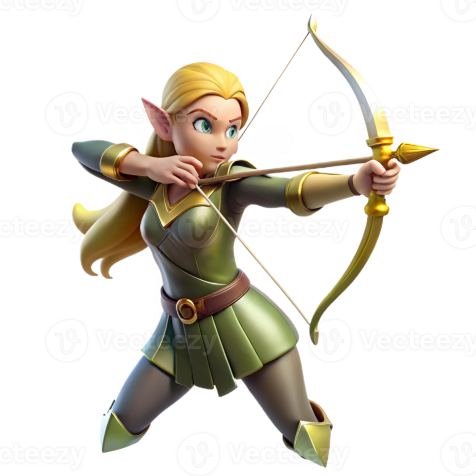 dramatic vintage A beautiful elf archer aiming her bow at a distant target, illuminated by the golden light of dawn, in a dynamic, anime style genuine png
