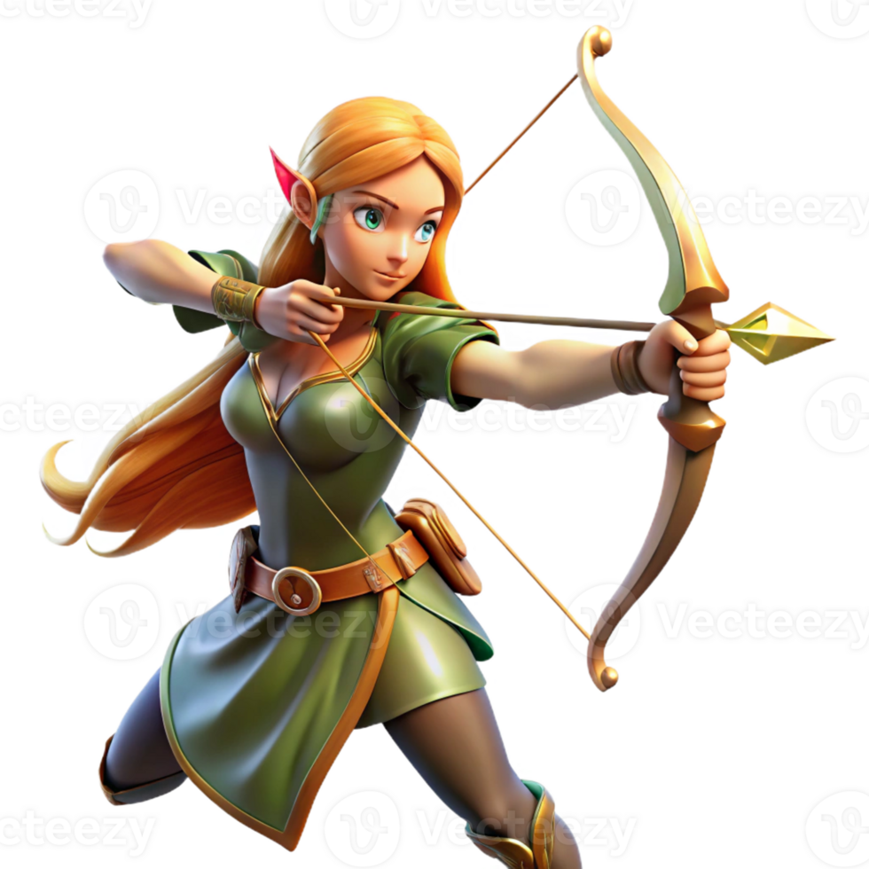 impressive contemporary A beautiful elf archer aiming her bow at a distant target, illuminated by the golden light of dawn, in a dynamic, anime style professional png