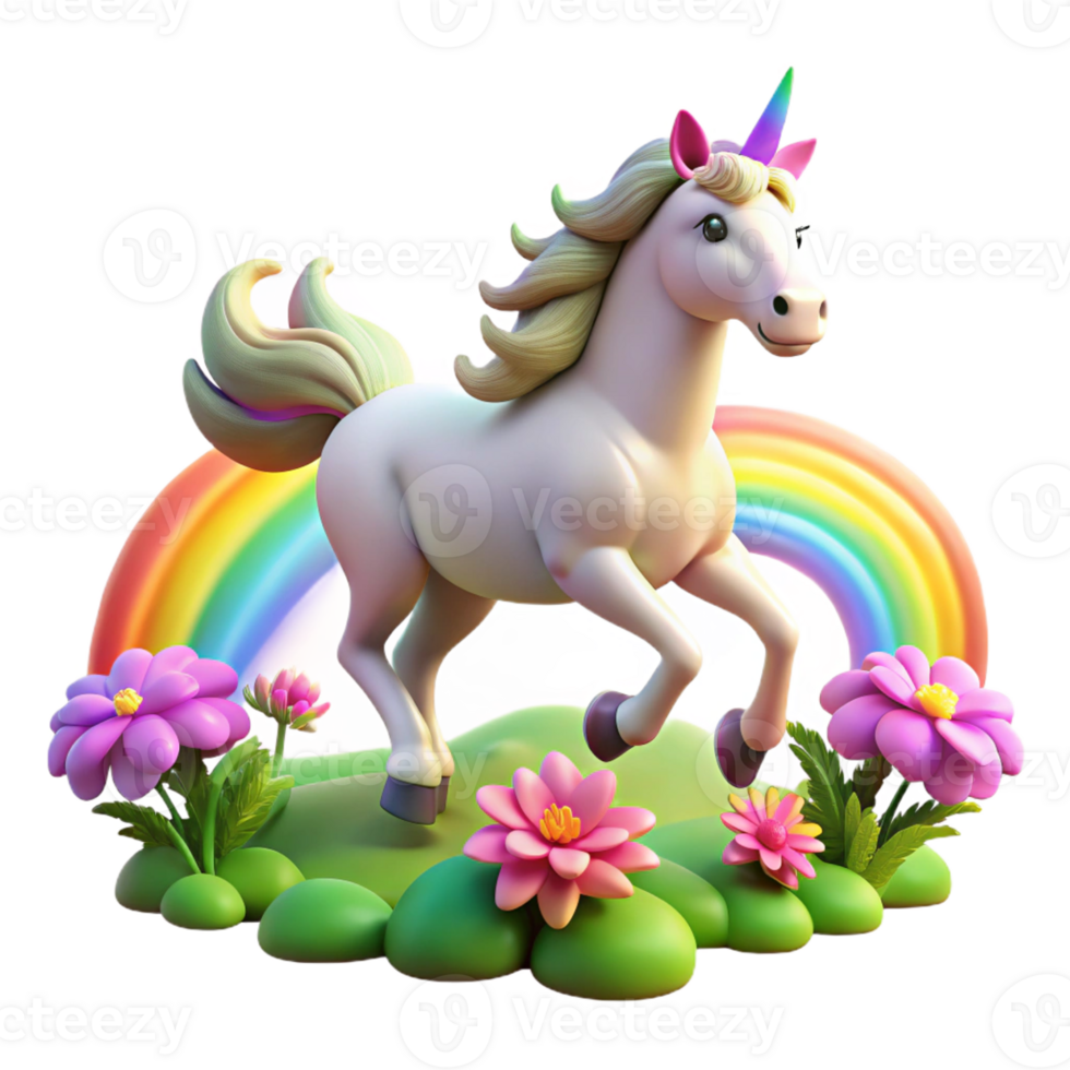 impressive modern A majestic unicorn galloping through a field of enchanted flowers, illuminated by a rainbow, in a vibrant, surreal style 4K png