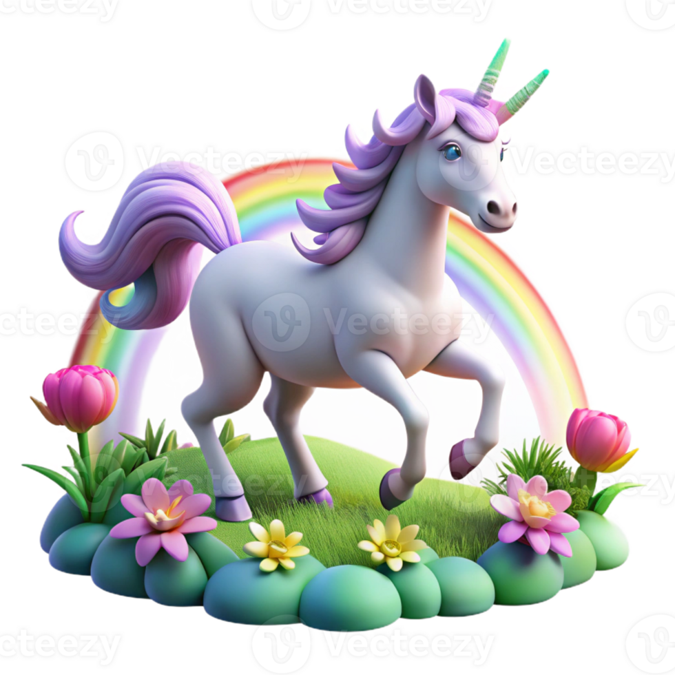 impressive traditional A majestic unicorn galloping through a field of enchanted flowers, illuminated by a rainbow, in a vibrant, surreal style high quality png