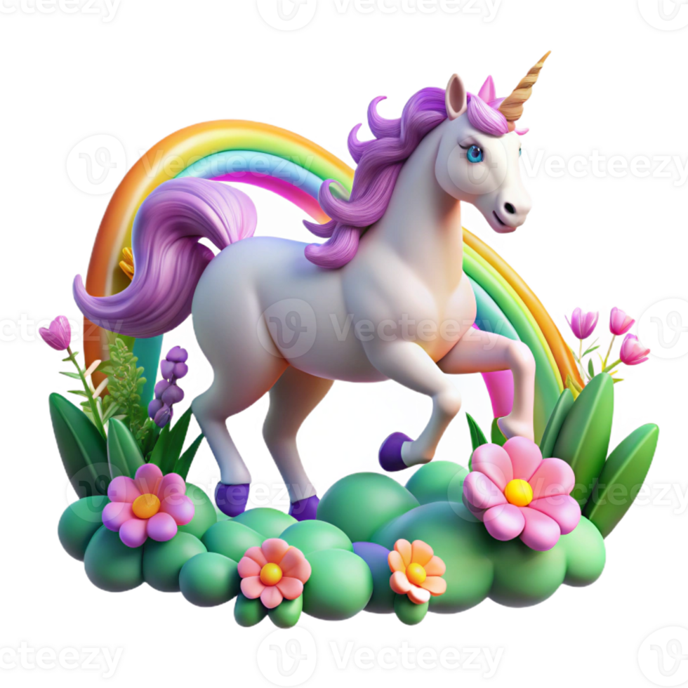extraordinary artistic A majestic unicorn galloping through a field of enchanted flowers, illuminated by a rainbow, in a vibrant, surreal style original png