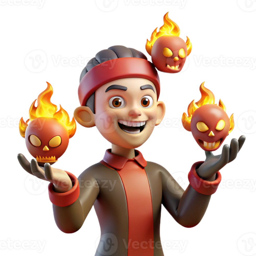 extraordinary traditional A mischievous imp juggling flaming skulls, illuminated by hellfire, in a grotesque, cartoon style premium png