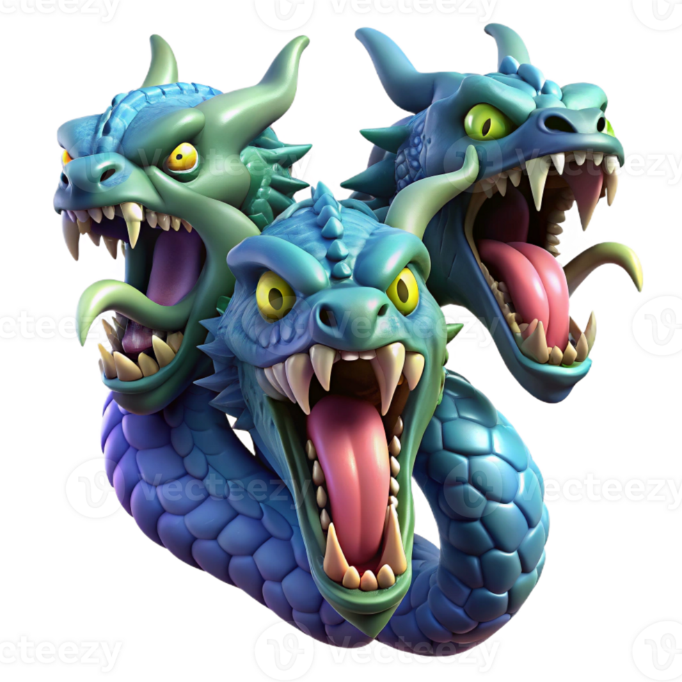 stunning creative A fearsome hydra with heads of emerald and sapphire, spitting venom, in a detailed, monster manual style professional png