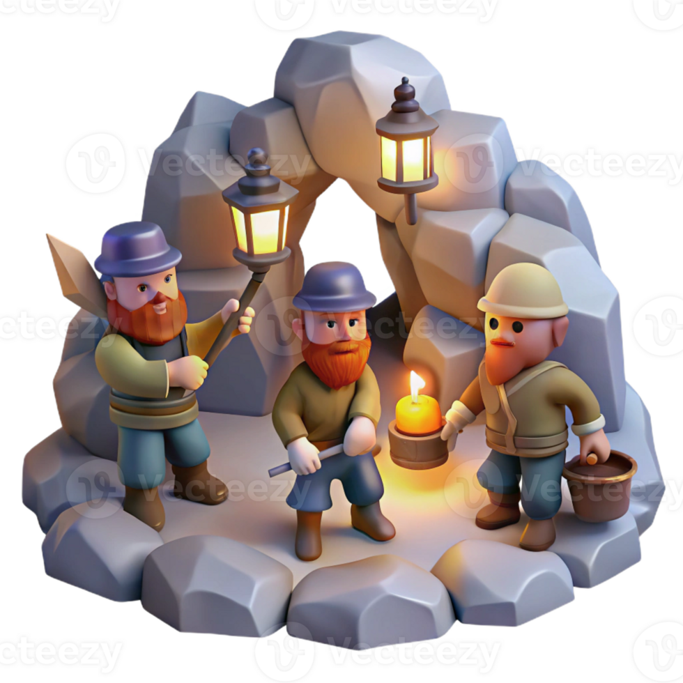 magnificent abstract A group of dwarves mining for gems in a cavern, lit by glowing lanterns, in a realistic, fantasy art style premium png