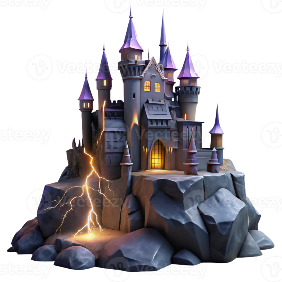 stunning artistic A haunted castle perched on a craggy cliff, illuminated by lightning, in a gothic horror style 4K png
