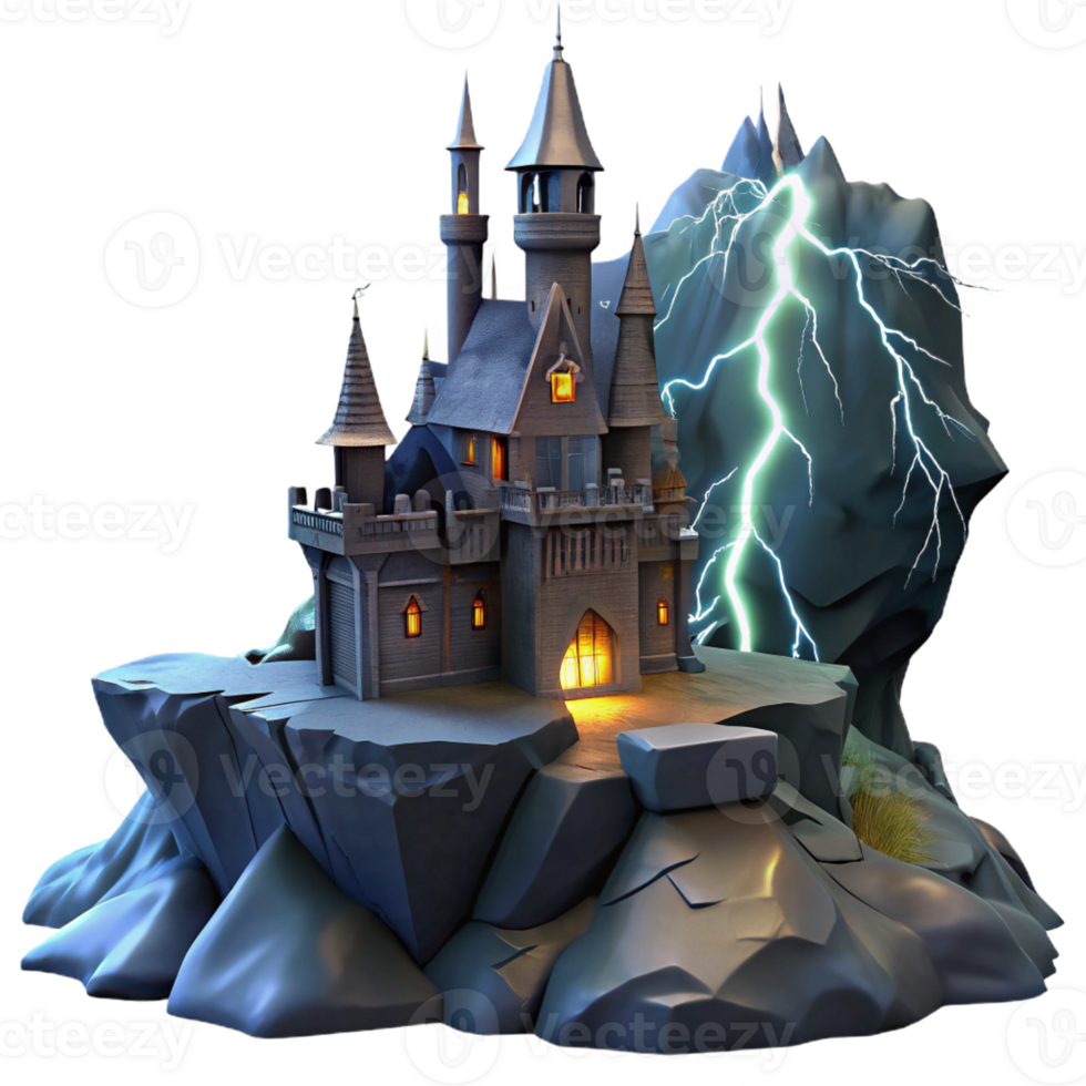 dramatic vintage A haunted castle perched on a craggy cliff, illuminated by lightning, in a gothic horror style original png