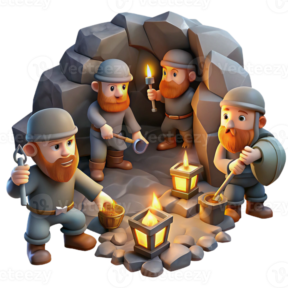 wonderful minimalist A group of dwarves mining for gems in a cavern, lit by glowing lanterns, in a realistic, fantasy art style premium png