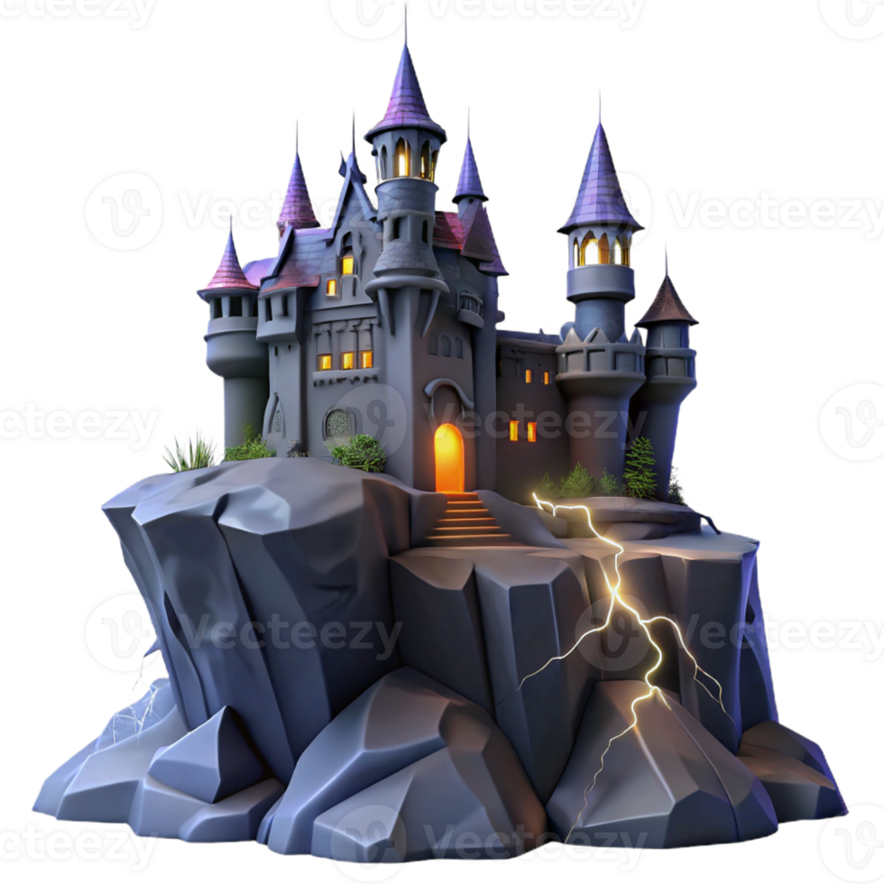 magnificent traditional A haunted castle perched on a craggy cliff, illuminated by lightning, in a gothic horror style premium png