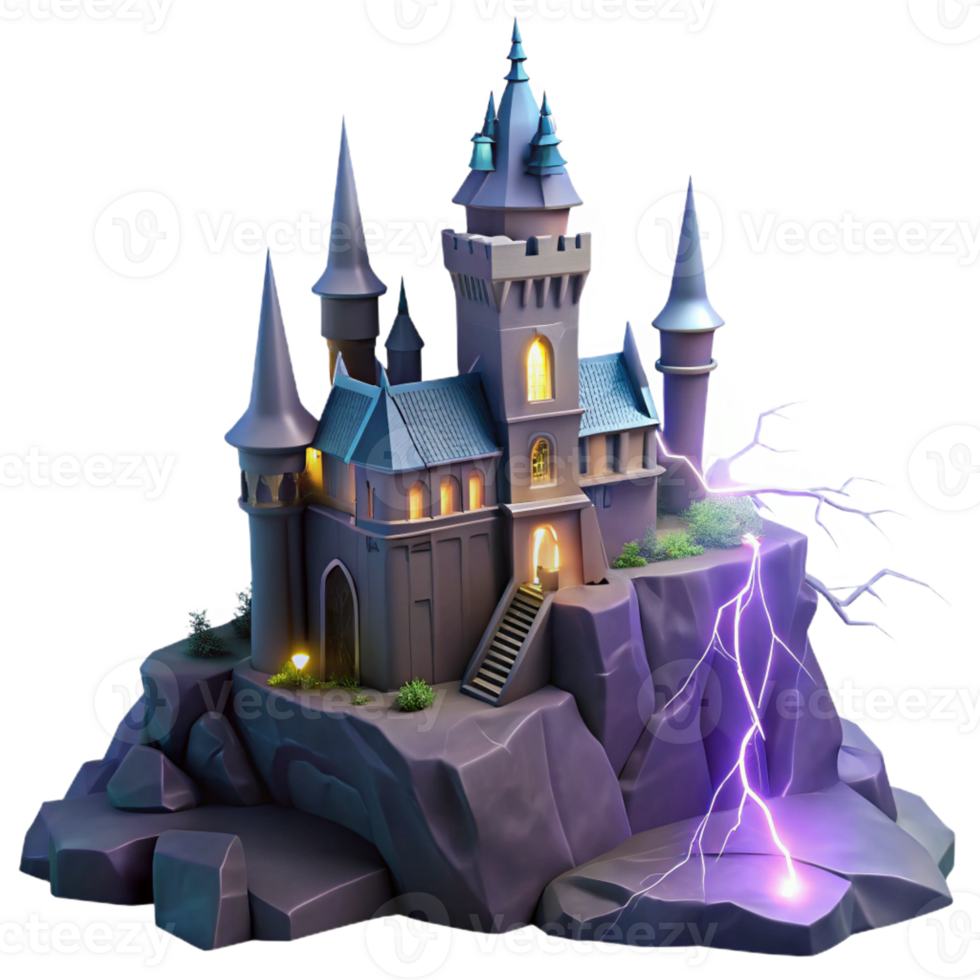 stunning abstract A haunted castle perched on a craggy cliff, illuminated by lightning, in a gothic horror style exclusive png